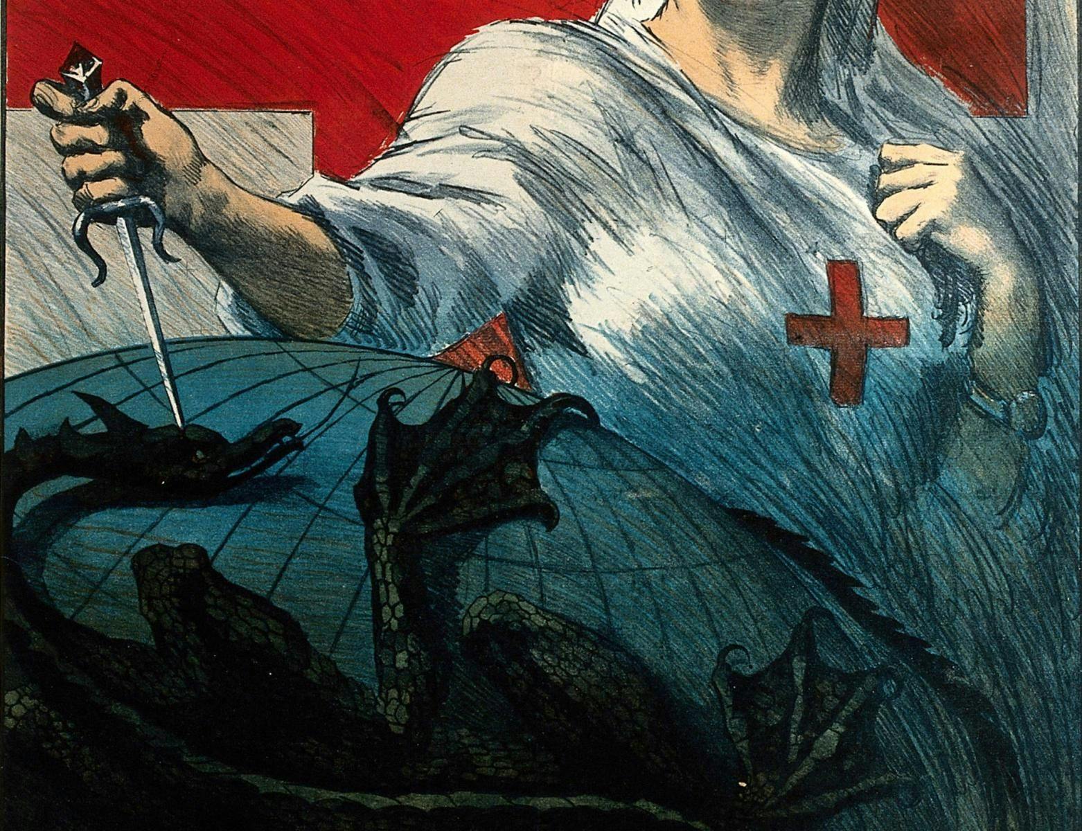 Dis-Ease still: A nurse stabbing a dragon holding the globe in its claws (Italian Red Cross tuberculosis appeal, c. 1920, Wellcome Collection)